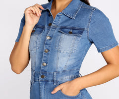 Button Up In Denim Frayed Dresses