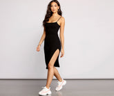 Sleek Sleeveless Square Neck Ribbed Knit Midi Dresses