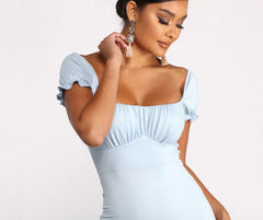 Puff Sleeve Ruched Knit Mini Dresses