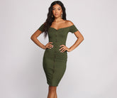 All Buttoned Up Off The Shoulder Midi Dresses