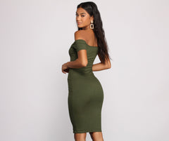 All Buttoned Up Off The Shoulder Midi Dresses