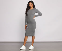 Open Back Ruched Ribbed Knit Midi Dresses