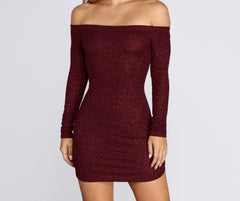 Off Shoulder Long Sleeve Glittering Mini Dresses
