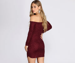 Off Shoulder Long Sleeve Glittering Mini Dresses