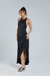 Neckholder-Midikleid aus Satin mit rückenfreiem Wickeldesign