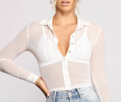 Sassy Snap Button Collared Mesh Crop Top