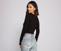 Square Neck Long Sleeve Knit Bodysuit