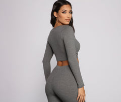 Top corto Henley de punto acanalado