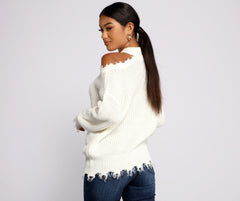 Distressed-Pullover mit Cold-Shoulder-Design und Rundhalsausschnitt