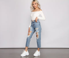 Suéter de punto con pestañas acanaladas y hombros descubiertos