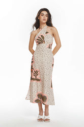 Vestido midi sin espalda, cuello halter y estampado floral