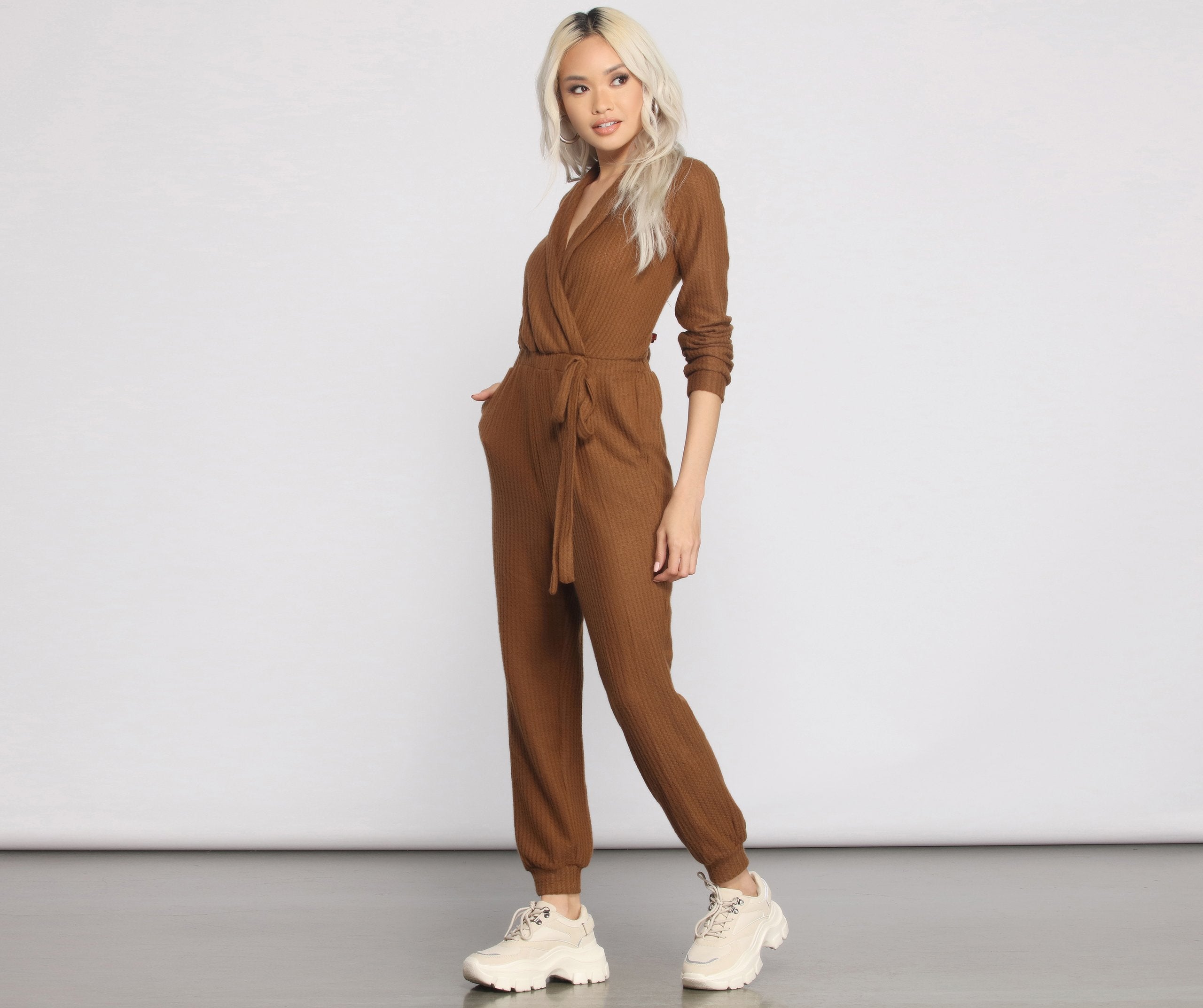 Cozy and Chic Ribbed Surplice Jogger Jumpsuit