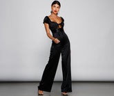 Sashay All Day – Satin-Jumpsuit mit Flügelärmeln und Bindeband vorne