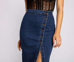 By Your Side Button Down Denim Skirts