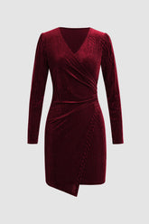 Asymmetrical Wrap Ruched Velvet Mini Dress