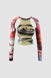 Abstract Print Cut Out Long Sleeve Top