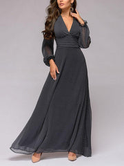 Polka dot print evening dress V collar sexy chiffon long sleeve vintage maxi dress