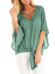 Blusas casuales lisas con cuello en V y mangas acampanadas con nudo