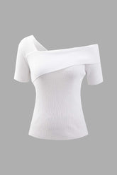 Asymmetric Shoulder Rib Knit Short Sleeve T-Shirt