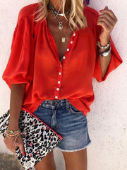 Schlichte Langarm-V-Ausschnitt-Knopfblusen für Damen