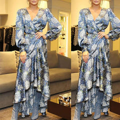 Print V neck Long sleeve Lacing Irregular Maxi Dresses