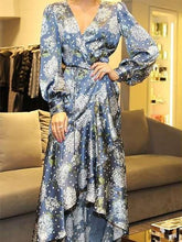 Print V neck Long sleeve Lacing Irregular Maxi Dresses