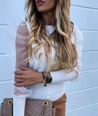 Pure Grenadine Gored Long sleeve Round neck Blouses