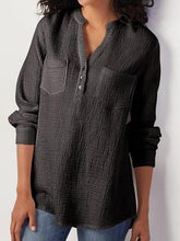 Blusas de mezcla de algodón y lino con bolsillos y cuello en V liso