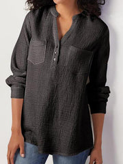 Blusas de mezcla de algodón y lino con bolsillos y cuello en V liso