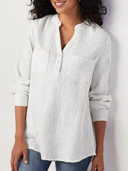 Blusas de mezcla de algodón y lino con bolsillos y cuello en V liso