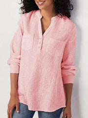 Blusas de mezcla de algodón y lino con bolsillos y cuello en V liso