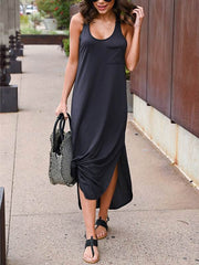 Vestidos maxi lisos de cuello en U sin mangas largos de uso diario para mujer