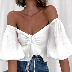 Camisetas casuales, sexys, con cuello en V y mangas abullonadas y cordones