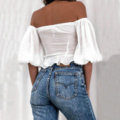 Camisetas casuales, sexys, con cuello en V y mangas abullonadas y cordones