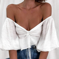 Camisetas casuales, sexys, con cuello en V y mangas abullonadas y cordones