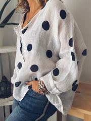 Blusas con botones, mangas largas y cuello en V con estampado de lunares