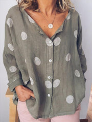 Blusas con botones, mangas largas y cuello en V con estampado de lunares