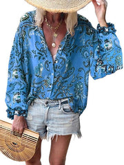 Bedruckte V-Ausschnitt-Langarm-Vielseitig lässige Blusen in Übergröße