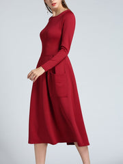 Plain With Pocket Fashion Woman Autumn Long Sleeve Skater Dresses