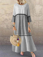 Vestido recto Maxi Vestido largo Manga larga Rayas Patchwork Verano Caliente Casual Algodón Negro Azul ML XL XXL 3XL 4XL 5XL