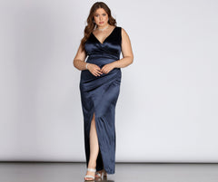 Plus Evelyn Formal Wrap Satin Dresses