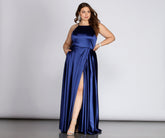 Plus Gabrielle Formal High Slit Satin Dresses