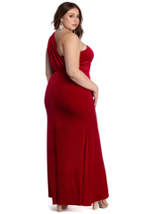 Plus Iris One Shoulder Draped Velvet Dresses