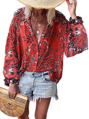 Bedruckte V-Ausschnitt-Langarm-Vielseitig lässige Blusen in Übergröße