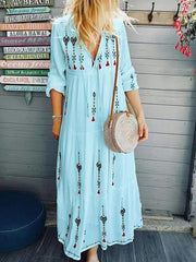 Printed v neck women long sleeve maxi dresses