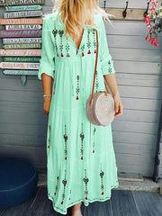 Printed v neck women long sleeve maxi dresses