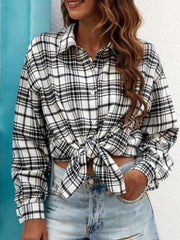 Karierte Kragenknopf Langarmhemdblusen