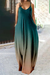 Vestido informal de talla grande para vacaciones, con cambio gradual, bolsillo en contraste, cuello en V, estampado