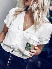 Blusas de gasa irregulares de manga corta con cuello en V liso