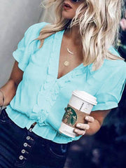 Blusas de gasa irregulares de manga corta con cuello en V liso